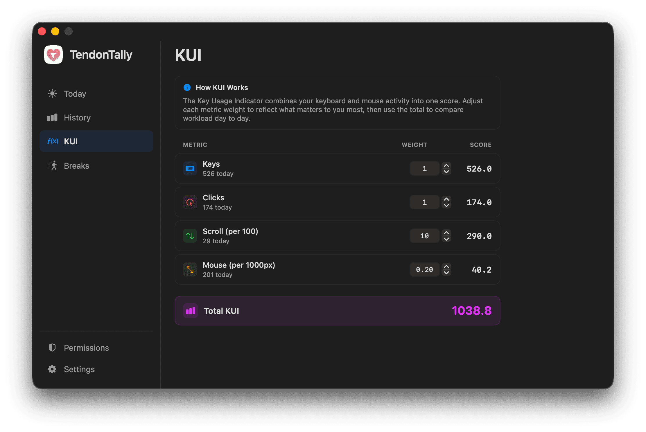 KUI dashboard with weighted metric sliders and daily total