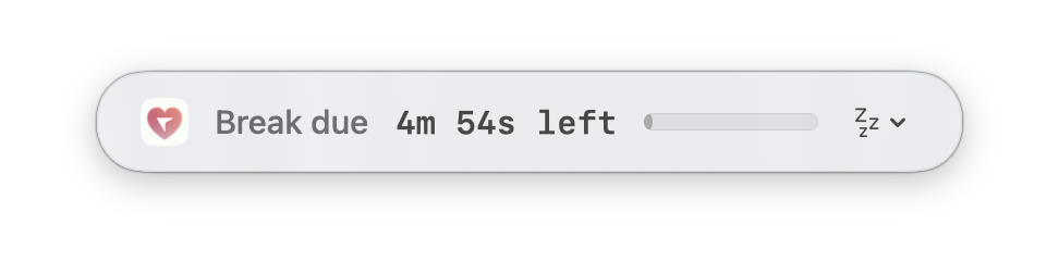 Break reminder pill showing workload-based break state