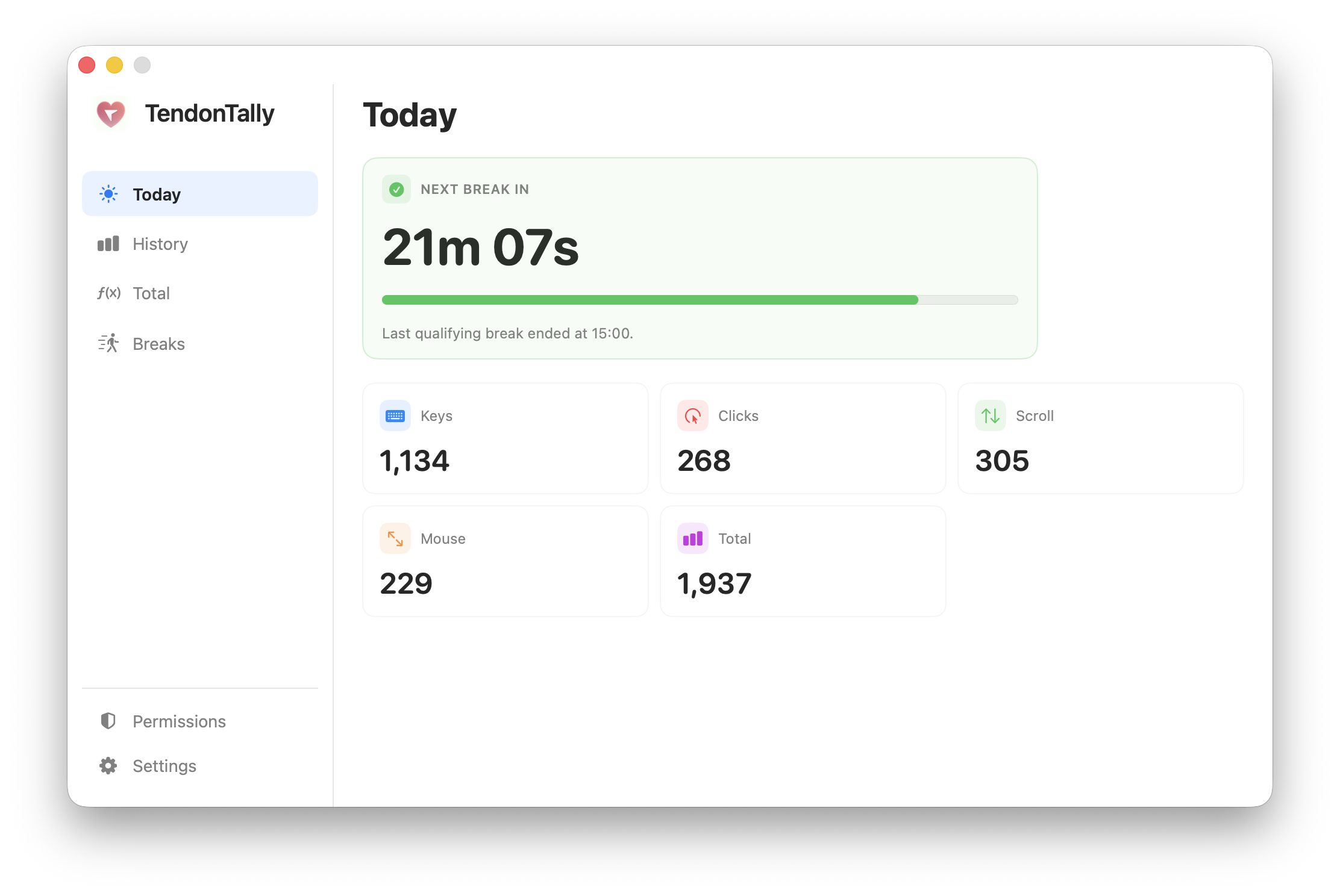 Today dashboard with live keyboard and mouse activity metrics